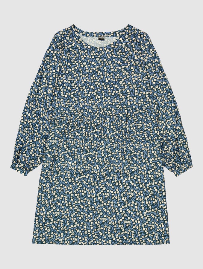 Elviira-printtimekko, tummansininen Keh&auml;kukka-kuosi