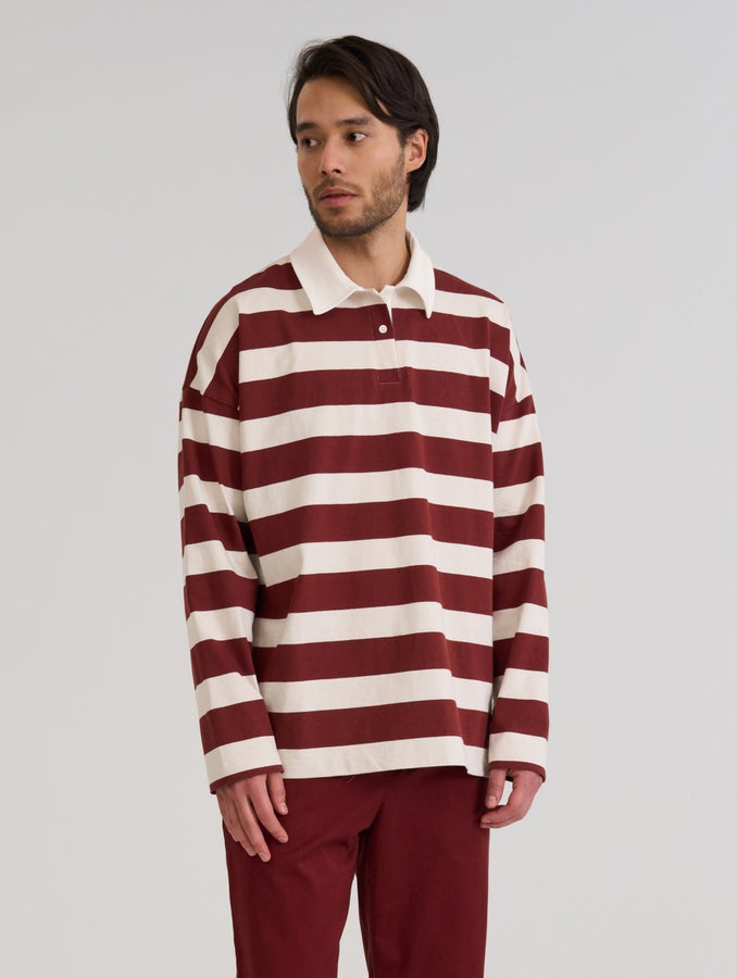 Jere-rugbypaita, punaruskea/koivu raita